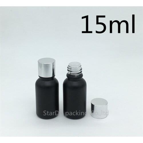 Free Shipping 500pcs 15ML Black Frosted Glass Bottle Vials Essential Oil Bottle Shining silvery Aluminum cap Perfume bottle