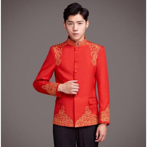 Blazer men formal dress latest coat designs marriage suit men masculino wedding suits for mens stand collar red Chinese style