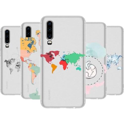 Luxury World Map trave Anime Transparent Phone Case For Huawei P40 P30 P20 P10 P9 P8 Lite E Pro Plus Etui Coque Painting Hoesje