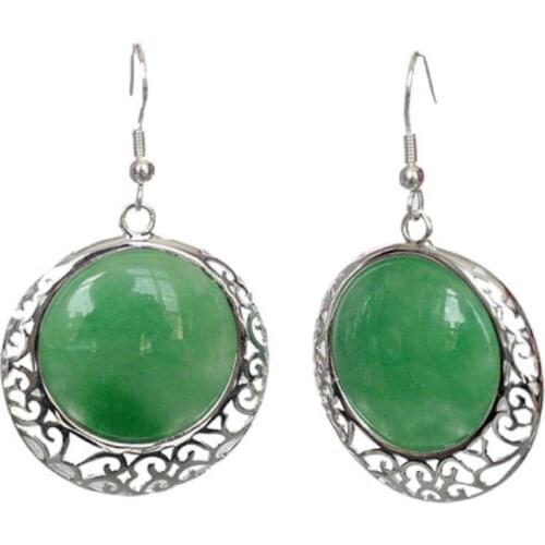 Designer nobleVINTAGE 925 STERLING SILVER NATURAL GREEN Natural jade COIN BEADS DANGLE EARRINGS
