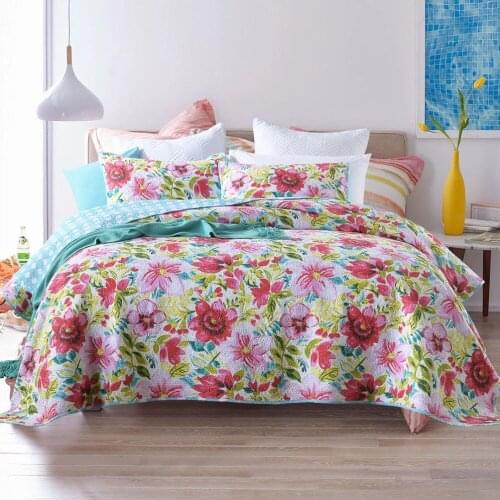 CHAUSUB Flowers Print Quilt Set 3pcs Cotton Bedspreads For Double Bed Cover Pillowcase King Queen Size Summer Blanket Coverlets