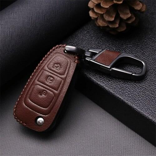 Leather Car Key Case Cover For Ford Fiesta S C MAX Focus 2 3 Fusion Ranger Kuga Explorer Mondeo MK3 MK4 MK5 Mustang Key Ring Fob