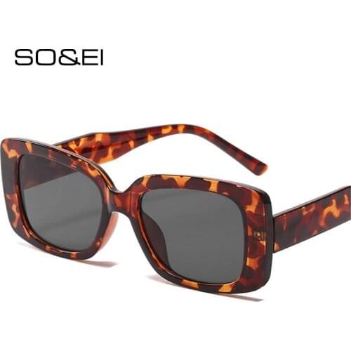 SO&EI Fashion Small Rectangle Sunglasses Women Vintage Leopard Tea Gray Eyewear Men Shades UV400 Square Sun Glasses