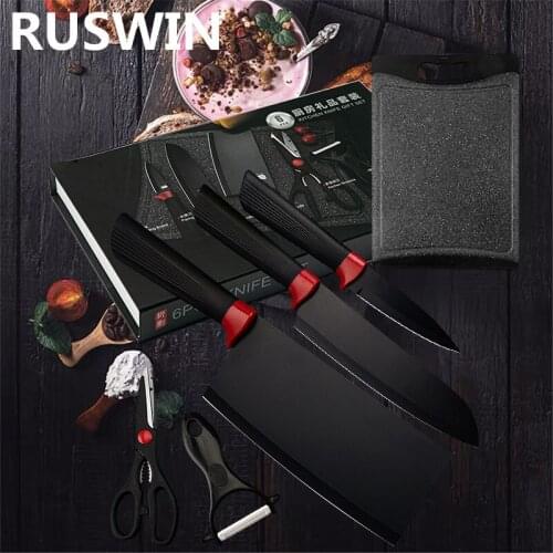 Stainless Steel Knife Set Slicing Chef Fruit Chop Knife Cooking Knife Peeler Scissors 6 Piece Set Kitchen Gift Box Knife Set