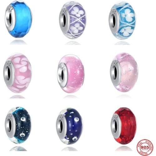 New Sterling Silver 925 Pink Purple Flower Murano Glass DIY Fine Beads Fit Original Pandora Charm Bracelet Jewelry Women