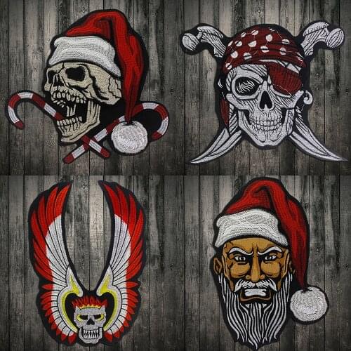 New Cross Bones Skull Embroidery Christmas Skull Patches Biker Vest Jackets DIY Iron on Badges Punk Cool Front Size Applications