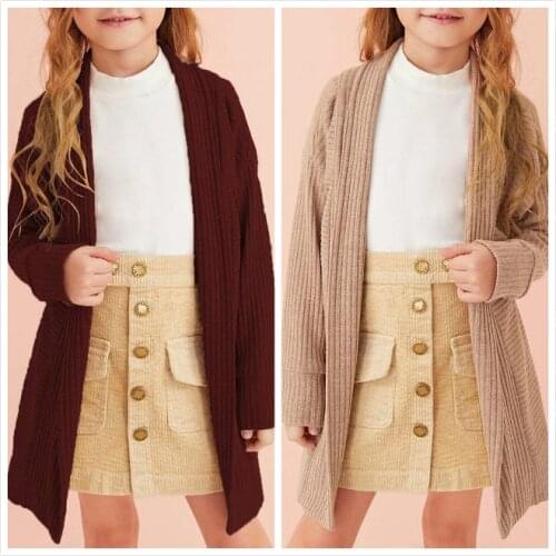Kids Sweater Solid Color Long Sleeve Knitted Cardigan Coat Knitwear Tops for Girls, Khaki/Wine Red 2-7Years