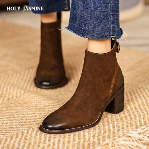 2021 Autumn Women Western Ankle Boots Roman Round Toe Casual Booties Woman Cow Suede Short Boot Retro Chaussures Martin Boots