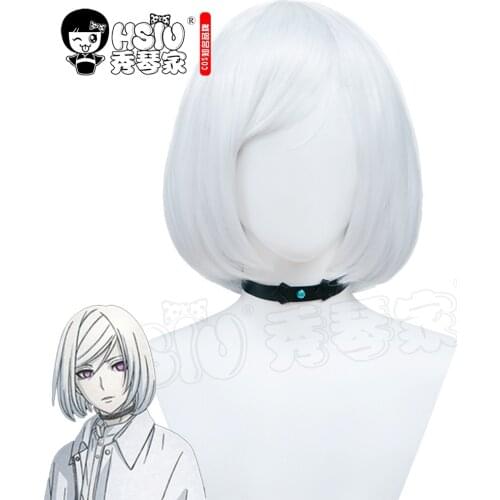 HSIU Anime Akudama Drive Cosplay Cutthroat Satsujinki wig white short hair Send leather neck ring +Free gift brand wig cap