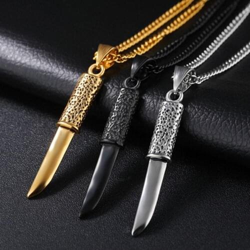 Strong New Stainless Steel Pattern Dagger Mens Boys Daily Jewelry Pendant Necklace Cuban Curb Link Chain 24inch Friend Gift