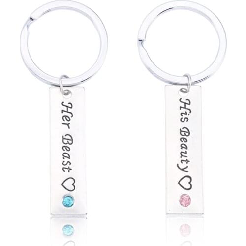 Rectangular Engraving Popular Letters Inlaid Blue Pink Rhinestones Keychain Valentines Day Jewelry Gift Selection Direct Sales