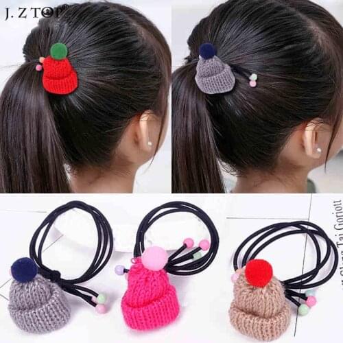 Christmas Gift Cute Knitting Wool Hat Elastic Hair Band Multicolor Bead Hair Rope Ponytail Holder Headbands Children Jewelry New