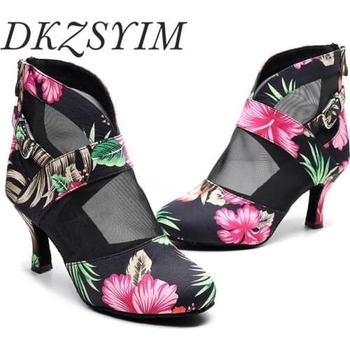 DKZSYIM Latin Dance Shoes For Women/Ladies Mesh Plus Size High Heel 6-10 CM Soft Bottom Latin Dance Boots Print Flower Boots
