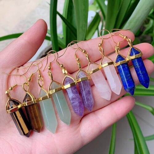 Natural Stone Drop Earring Bullet Hexagonal Amethysts Lapis Purple Quartz Pink Crystal Earring Pendulum Women Jewelry Healing