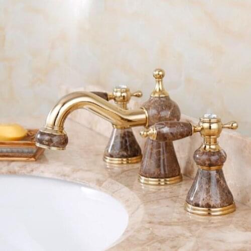 Vidric fashion jade and brass construction gold finished bathroom widespread basin faucet,3 holes sink tap mixer
