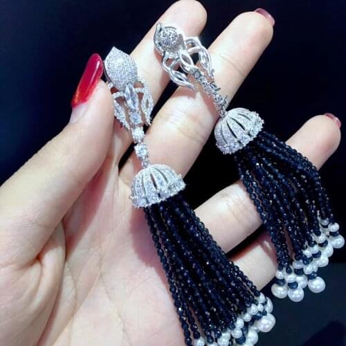 Long tassels earring dark blue color chalcedony dyed color 925 sterling silver with natural fresh water pearl fine women jewel