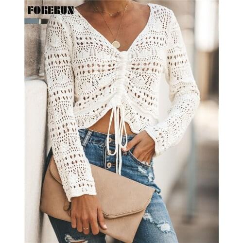 Womens Crop Top Sexy V Neck Crochet Khaki Sweater Pullovers All-Match Ruched Long Sleeve Solid Indie Asymmetric Dropshipping