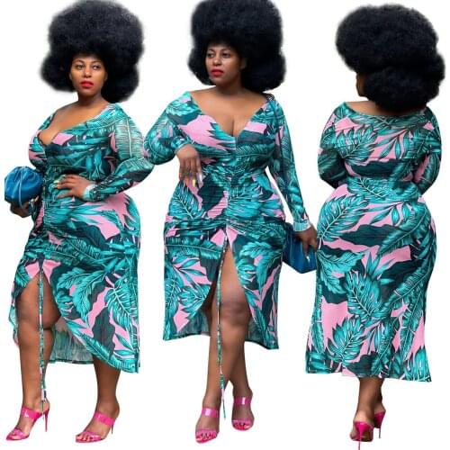 Plus Size Dresses 4xl Womem Fall Clothes Flower Boho Printed Elegant Vintage Party V Neck Long Sleeve Dresses Outfits
