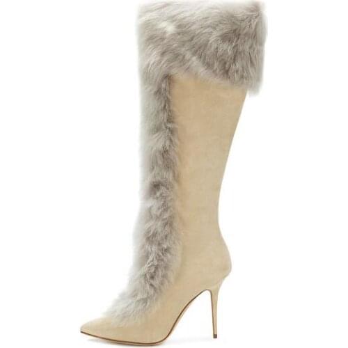 Winter New Brand Women Beige Brown Rabbit Fur Pointed Toe Stiletto Heel Knee High Long Slim Zip Boots Plus Size Lady Boots Shoes