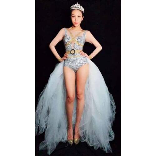 2PCS/SET Glisten Crystal White Bodysuit Women Festiva Outfit Nightclub Female Singer Costume Stage Dance DS Performance Clothing