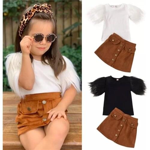 2021 New 2-8Y Fashion Infant Girls Clothes Sets Fur Short Sleeve Solid T Shirts Tops Button A-Line Skirts
