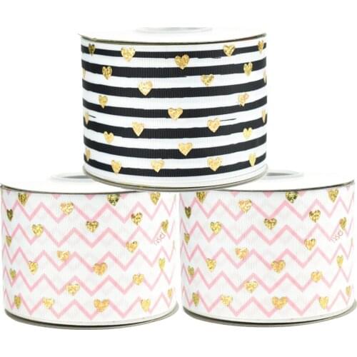 50yards 75mm Hologram Gold Foil Hearts Valentine Heart Stripes Grosgrain Ribbon For DIY Accessories Welcome Custom Printed