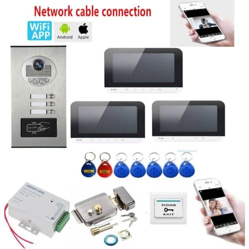 7" Wired WIFI Video Door Phone Intercom System + RFID Access Outdoor Camera Electric Lock For 2 / 3 Apartment
