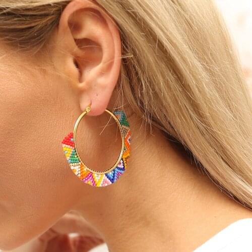 Bohemian Ethnic Style Miyuki Rice Beads Hand-made Woven Colorful Geometric Large Hoop Earrings Women Hoop Earrings