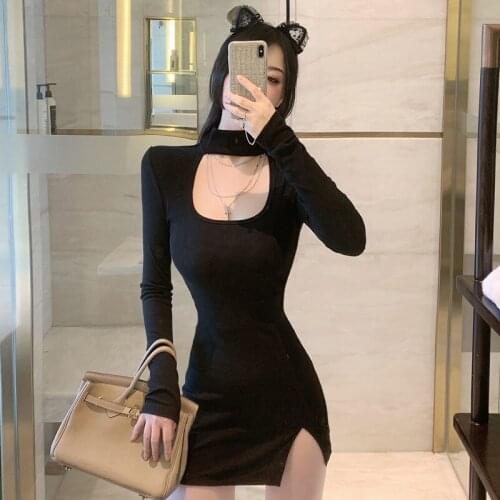 Spring Autumn Winter High Neck Hanging Neck Slim Slit Fall Dress Hollow Fashion Long Sleeve Hip Wrap Skirt Top Casual Sundresses