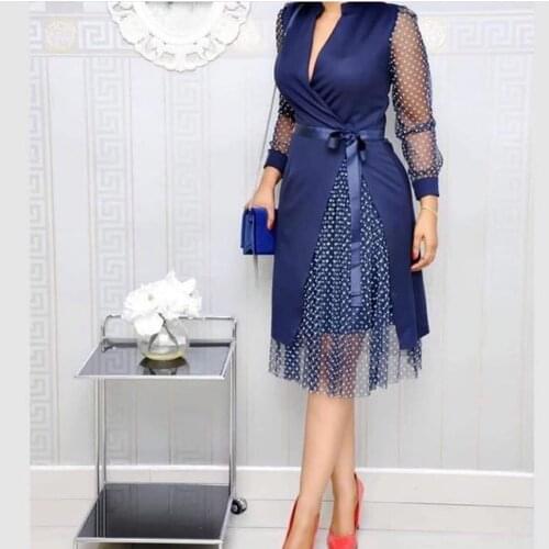 HGTE V-neck long-sleeved pullover tight-fitting lace dress elegant office OL ladies summer imperial party Soliad midi dress fem