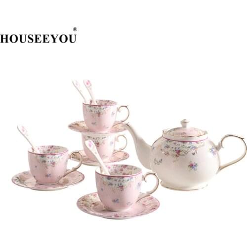 HOUSEEYOU British Bone China Floral Pattern Tea Cup Saucer Sets with Spoon and Pot for Home Office Restaurant Afternoon Coffee