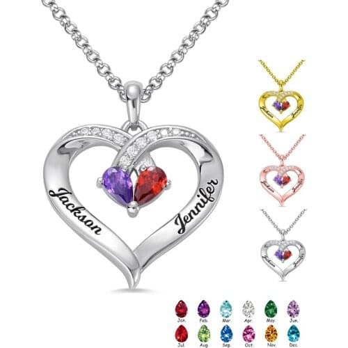 Personalized Pendant Necklace Heart Shape Custom Birtstone Engraved Name Number Words Rolo Chain Necklaces For Women Mom Gift