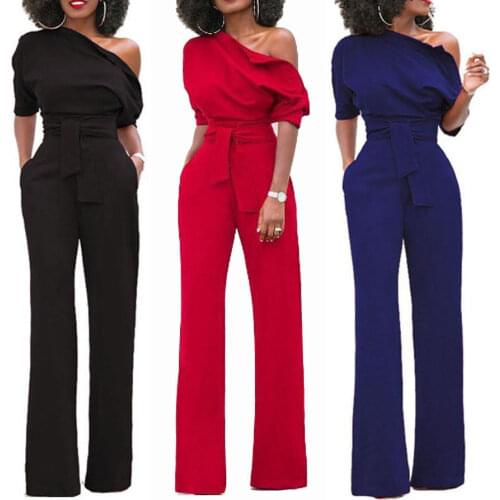 Fashion Women Sexy One Shoulder Chiffon Short Sleeve Clubwear Long Loose Playsuit Party Jumpsuit & Romper Chiffon Long Jumpsuits
