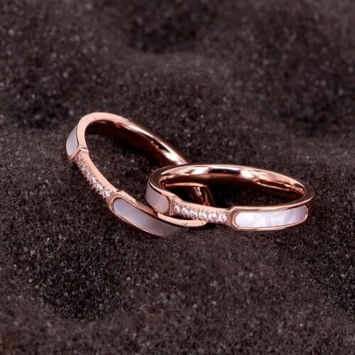 Fashion Stainless Steel Crystal Engagement Bride Shell Rings Women Rose gold color Elegant Party Wedding Rings Xmas Gift