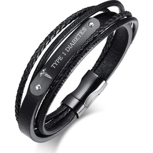 Men Personalized Custom Engraving Medical DIABETES Black Bracelet Stainless Steel Genuine Leather Wristband 8.3"