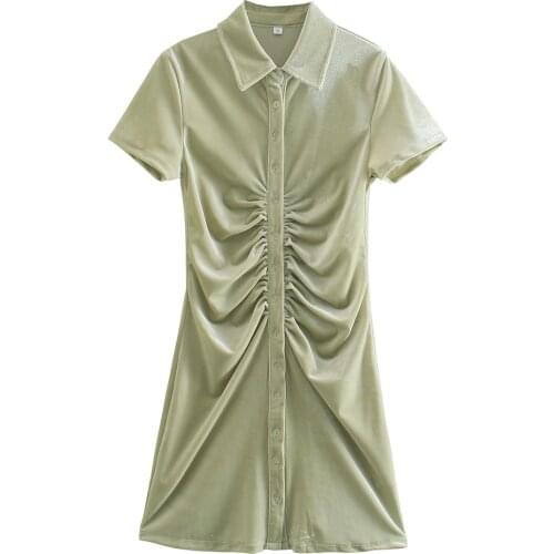 European and American Style Instagram Slim Velvet Shirt Skirt Women Small Crowd Polo Collar Waist Fold Single Breasted Hip Dress