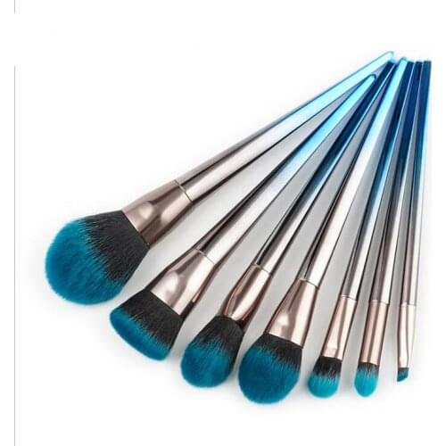 Diamond-shaped 7pcs makeup brushes beauty tools blue and black gradient color electroplated plastic handle aluminum tube nylon h