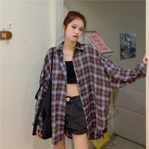 Retro French plaid shirt jacket womens early autumn long-sleeved design sense niche tops all-match students loose
