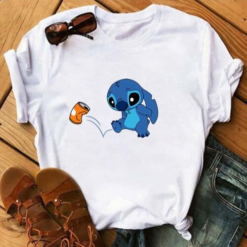 Disney Stitch Tops Couples Kawaii Cartoon Printing T-shirt White Korean Version Cute Harajuku Loose Style Womens Clothing Tees