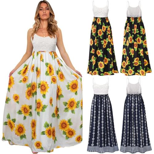 WYBLZ Summer Sunflower Maxi Dress Women Sundress Spaghetti Strap Lace Dress Ladies Elegant Long Floral Party Dresses For Women