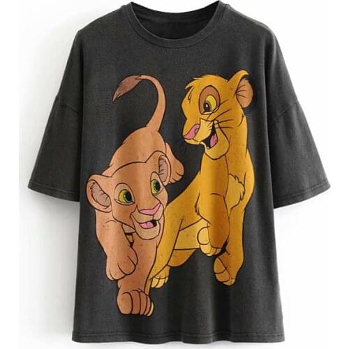 Disney Cartoon Simba Shirts for Women Print Round Neck Short-sleeved Women Fashion Clothing Graphic T-Shirts Harajuku Kawaii