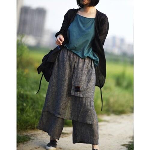 Women Summer Linen Irregular Length Wide Leg Pants Ladies Patchwork Loose Pants Female 2021 Vintage Flax Trousers