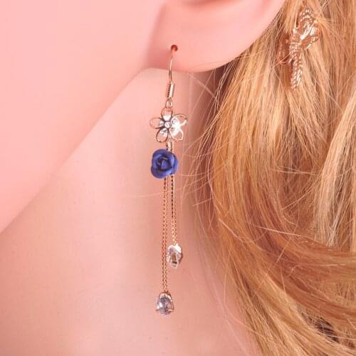 Blucome Womens Long Tassels Blue Enamel Rose Flower Earrings Cubic Zirconia Stone Drop Earring Wedding Party Copper Jewelry