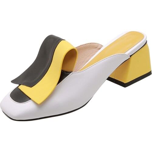 2021 New Fashion Mixed Colors Pu Leather Women Pumps Classic Rome Square Toe Hoof Heels Summer Sandals Mules Casual Shoes Woman