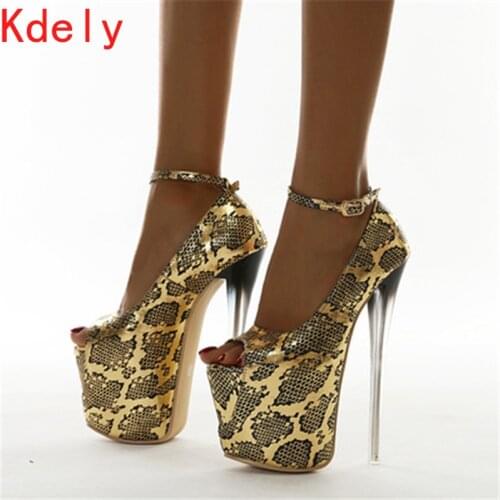 2021 New 19cm Heels Gold Snake Pattern Ladiese Pumps Sexy Open Toe Platform Shoes Women Summer Night Party Shoes Stiletto Heels