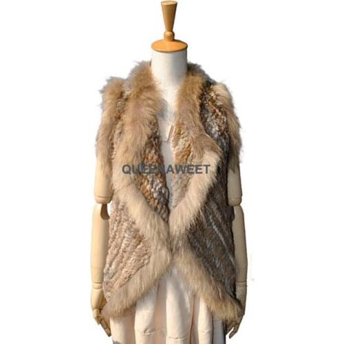 New Real Fashion Knitted Rabbit Fur Vest Gilet with Raccoon Fur Collar Women