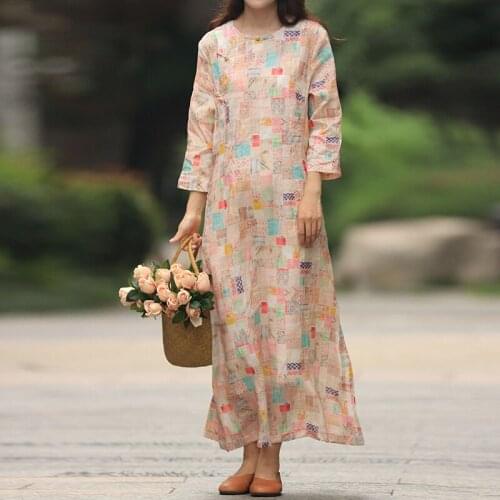 Johnature Women Chinese Style Ramie Dresses O-Neck Seven Sleeve 2021 Spring New Print Floral Female Button Vintage Maxi Dress