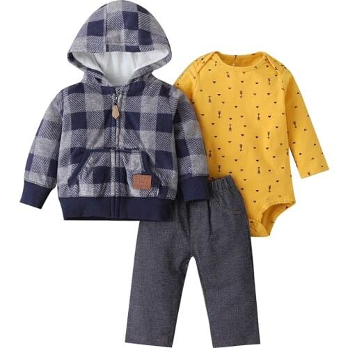 Winter baby clothing set newborn boy girls outfit long sleeve thicken fleece plaid hooded coat+romper+pant new born outfits 2021