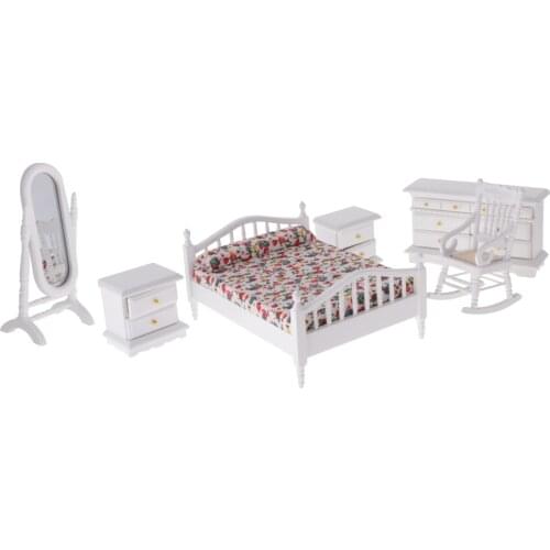 1/12 Dollhouse Bedroom Furniture Wooden Bed Cabinet Mirrror Chair 6pcs Set