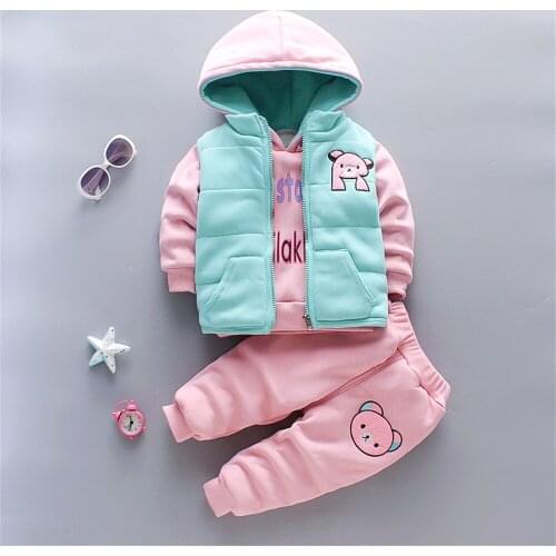 New Baby Boys Girls Christmas Cartoon Winter Hooded Plush Warm Vest Coat+Sweatshirt+Pants 3Pcs Infant Children Sports Suit